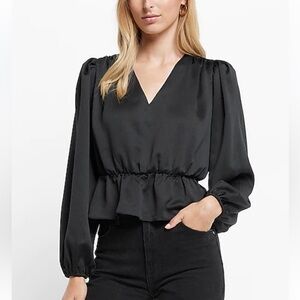 Express Black Long Sleeve V-Neck Peplum Top NEW womens